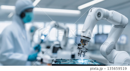 Robotic arm assembling electronic components on a circuit board in a modern laboratory with technicians wearing protective gear in the background Robotic arm assembling electronic components on a circuit board in a modern laboratory with technicians wearing protective gear in the background 135659519