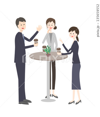 休憩時間を楽しむスーツ姿の若い男女 135659552