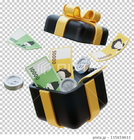 Gift Box Overflowing with 10,000 and 50,000 South Korean Won Bills 3D Illustration 135659633