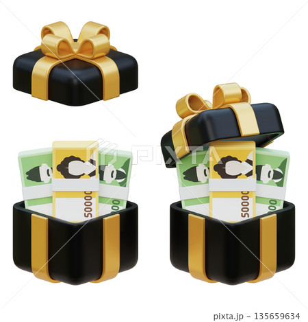 3D Render of 10,000 and 50,000 Korean Won Stack in a Gift Box 135659634
