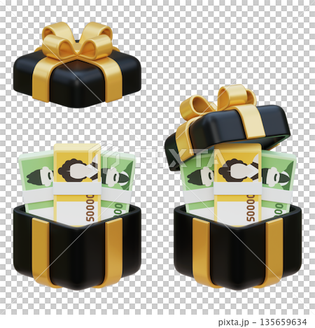 3D Render of 10,000 and 50,000 Korean Won Stack in a Gift Box 135659634
