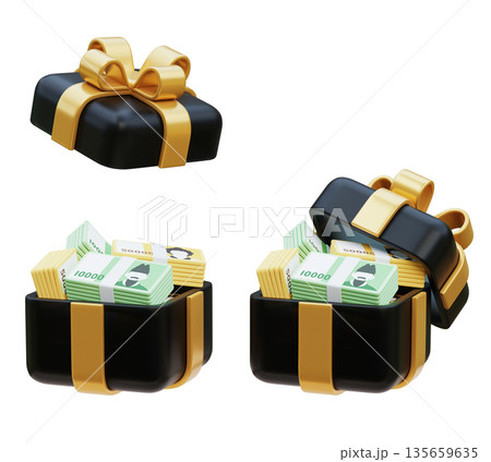 3D Render of 10,000 and 50,000 Korean Won Stack in a Gift Box 135659635