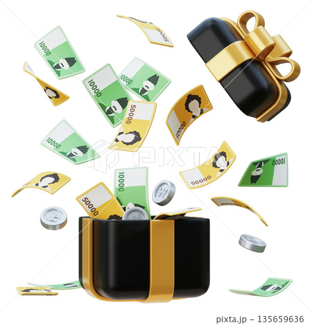 Gift Box Overflowing with 10,000 and 50,000 South Korean Won Bills 3D Illustration 135659636