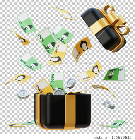 Gift Box Overflowing with 10,000 and 50,000 South Korean Won Bills 3D Illustration 135659636