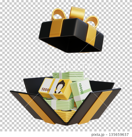 3D Render of 10,000 and 50,000 Korean Won Stack in a Gift Box 135659637