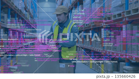 Warehouse worker wearing vest and cap labeling box on pallet amid racks, with code overlay Warehouse worker wearing vest and cap labeling box on pallet amid racks, with code overlay 135660426