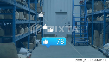 Displaying blue chat bubble showing thumbs-up count 78 in warehouse, with blue metal shelving 135660434