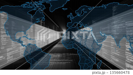 Streaming neon-blue world map outlines flowing through virtual data tunnel, with flying code panels Streaming neon-blue world map outlines flowing through virtual data tunnel, with flying code panels 135660478