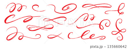 Flourish drawn swash red set. Red flourish calligraphy hand drawn pen brush ink thin stroke line..Vintage doodle swirl scroll underline text decoration texture grunge. Vector Flourish drawn swash red set. Red flourish calligraphy hand drawn pen brush ink thin stroke line..Vintage doodle swirl scroll underline text decoration texture grunge. Vector 135660642