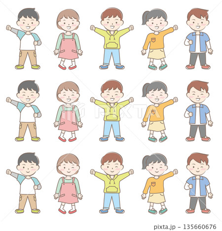 春の服を着た笑顔の子供たちのセット　全身 135660676