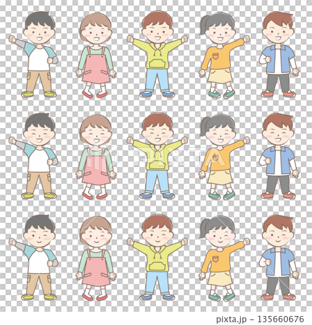 春の服を着た笑顔の子供たちのセット　全身 135660676