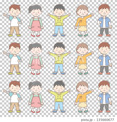 一組身著春裝、笑容燦爛的兒童全身照 135660677