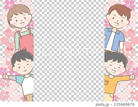 櫻花和穿著便服的孩子們構成了一幅畫面，他們面帶微笑。 135660678