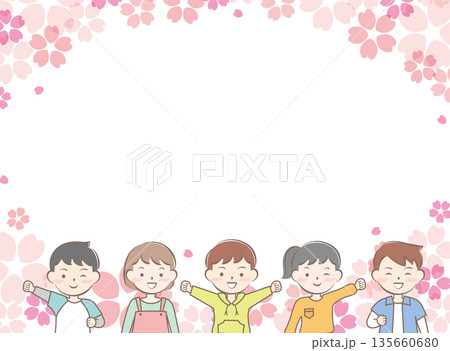 桜と私服の子供たちのフレーム 笑顔 桜と私服の子供たちのフレーム 笑顔 135660680