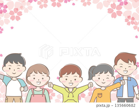 桜と私服の子供たちのフレーム　笑顔　 135660682