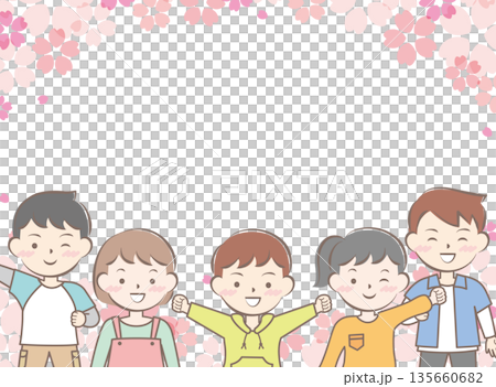 桜と私服の子供たちのフレーム　笑顔　 135660682