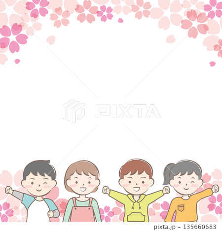 桜と私服の子供たちのフレーム 笑顔 桜と私服の子供たちのフレーム 笑顔 135660683