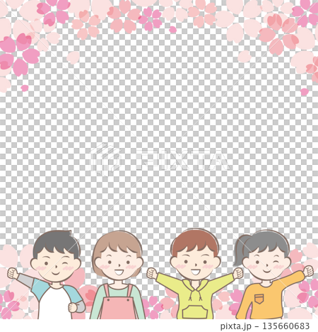 桜と私服の子供たちのフレーム 笑顔 桜と私服の子供たちのフレーム 笑顔 135660683