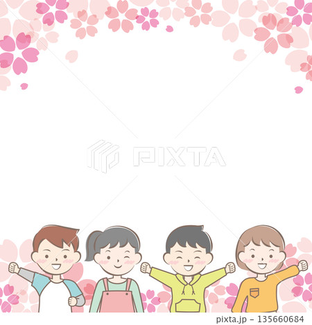 桜と私服の子供たちのフレーム 笑顔 桜と私服の子供たちのフレーム 笑顔 135660684