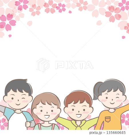 桜と私服の子供たちのフレーム 笑顔 桜と私服の子供たちのフレーム 笑顔 135660685