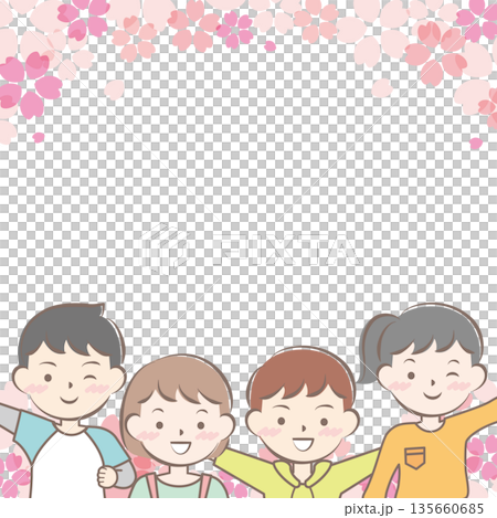 桜と私服の子供たちのフレーム 笑顔 桜と私服の子供たちのフレーム 笑顔 135660685