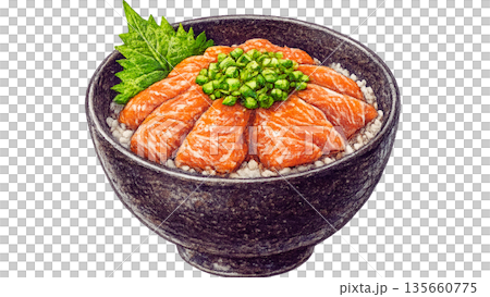 Colored pencil illustration of marinated salmon bowl 135660775