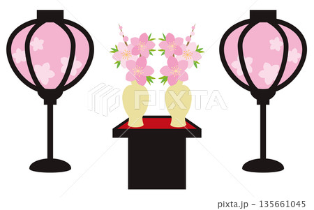 ひな祭り 雛飾りのぼんぼりと桃の花の口花イラスト ひな祭り 雛飾りのぼんぼりと桃の花の口花イラスト 135661045