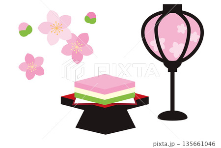 ひな祭りの雛飾り ぼんぼりと菱餅と桃の花のイラスト 135661046