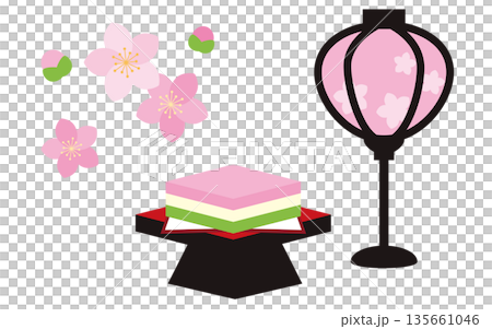 ひな祭りの雛飾り ぼんぼりと菱餅と桃の花のイラスト 135661046