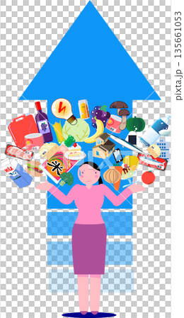 Illustration of a woman confused by the pressure of rising prices and an upward arrow Illustration of a woman confused by the pressure of rising prices and an upward arrow 135661053