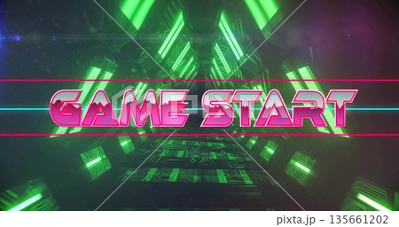 Displaying stylized pink 'GAME START' banner in neon-lit futuristic tunnel, with green panels Displaying stylized pink 'GAME START' banner in neon-lit futuristic tunnel, with green panels 135661202