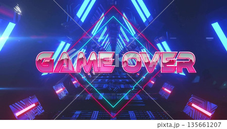 Glowing diamond neon frame enclosing pink GAME OVER text in neon-lit tunnel, with floating cubes Glowing diamond neon frame enclosing pink GAME OVER text in neon-lit tunnel, with floating cubes 135661207