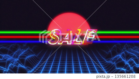 SALE letters glowing over wireframe grid in digital landscape, with neon sun disk and colored lines 135661208