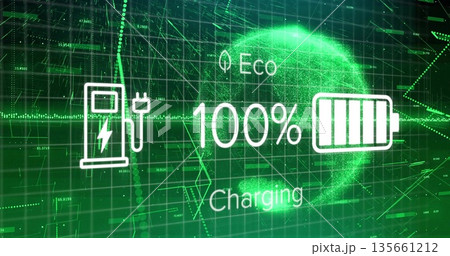 Displaying eco-charging interface glowing on holographic grid, with station icon and battery symbol Displaying eco-charging interface glowing on holographic grid, with station icon and battery symbol 135661212
