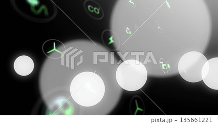 Hovering cluster of translucent bokeh circles in dark void, with neon-green sustainability icons Hovering cluster of translucent bokeh circles in dark void, with neon-green sustainability icons 135661221