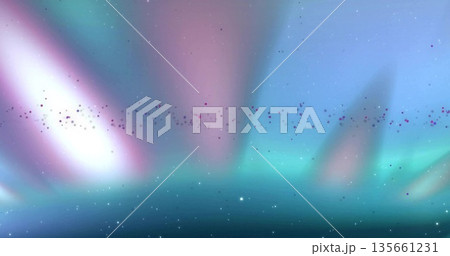 Glowing aurora-like light ribbons dancing across stylized outer-space realm, with star-like specks Glowing aurora-like light ribbons dancing across stylized outer-space realm, with star-like specks 135661231