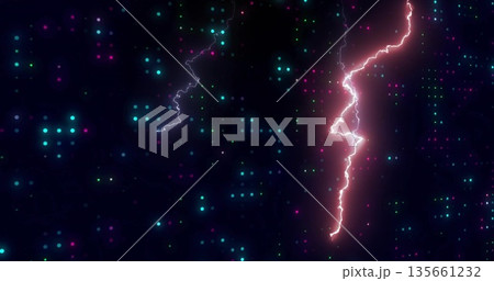 Slicing vertical neon lightning bolt through abstract field, with glowing data points, copy space Slicing vertical neon lightning bolt through abstract field, with glowing data points, copy space 135661232