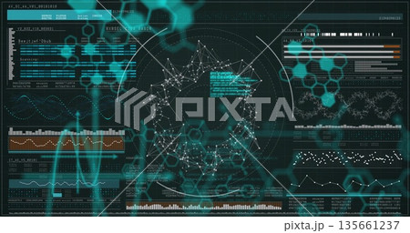 Displaying central node network on analytics dashboard, with teal hex patterns and bar charts Displaying central node network on analytics dashboard, with teal hex patterns and bar charts 135661237