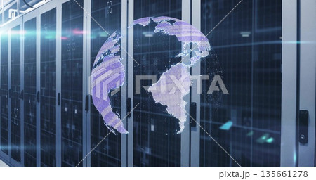 Projecting holographic globe floating above server racks inside data center, with status LEDs Projecting holographic globe floating above server racks inside data center, with status LEDs 135661278
