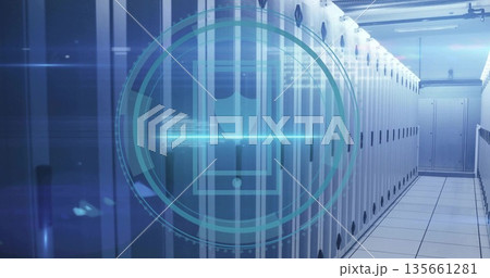 Projecting holographic shield symbol floating in cooling data center corridor, with server racks Projecting holographic shield symbol floating in cooling data center corridor, with server racks 135661281