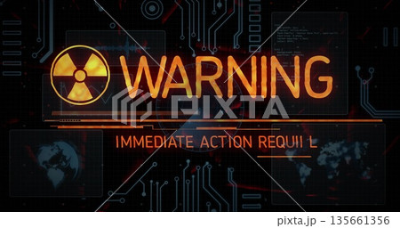 Showing WARNING graphic on HUD with radiation icon, IMMEDIATE ACTION subheader and circuit traces Showing WARNING graphic on HUD with radiation icon, IMMEDIATE ACTION subheader and circuit traces 135661356