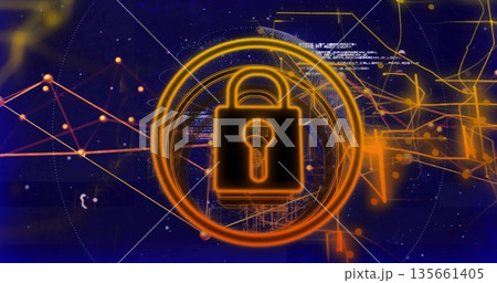 Floating orange padlock icon rotating over digital network, with concentric rings and code snippets Floating orange padlock icon rotating over digital network, with concentric rings and code snippets 135661405