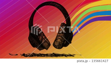 Featuring scribble headphones hovering over scribble shadow on rainbow backdrop, with sound waves 135661427