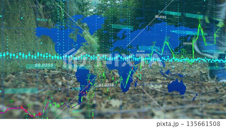 Running male runner's legs stepping on forest trail, with world map and line charts, copy space Running male runner's legs stepping on forest trail, with world map and line charts, copy space 135661508