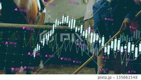 Mother in denim khaki outfit holding pitchfork by horse in stable, with finance overlay, copy space 135661548