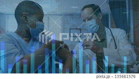 Injecting physician administering vaccine into patient arm at vaccination clinic, with data overlay Injecting physician administering vaccine into patient arm at vaccination clinic, with data overlay 135661576