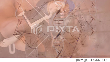 Male in sleeveless top tapping smartphone armband and interacting on interface with virtual DNA Male in sleeveless top tapping smartphone armband and interacting on interface with virtual DNA 135661617