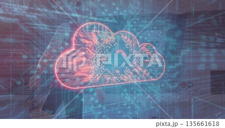 Floating red cloud icon showing circuit lines in virtual space with grid-lines, floating code 135661618