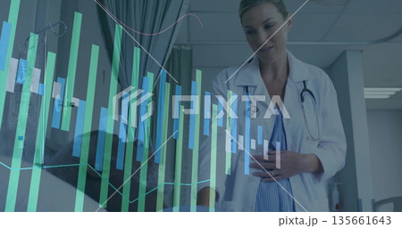 Assessing doctor with stethoscope monitoring patient in exam room, health data overlay, copy space Assessing doctor with stethoscope monitoring patient in exam room, health data overlay, copy space 135661643