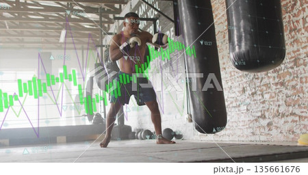Punching heavy bag, shirtless boxer in gloves guarding face in gym, with performance graphs Punching heavy bag, shirtless boxer in gloves guarding face in gym, with performance graphs 135661676